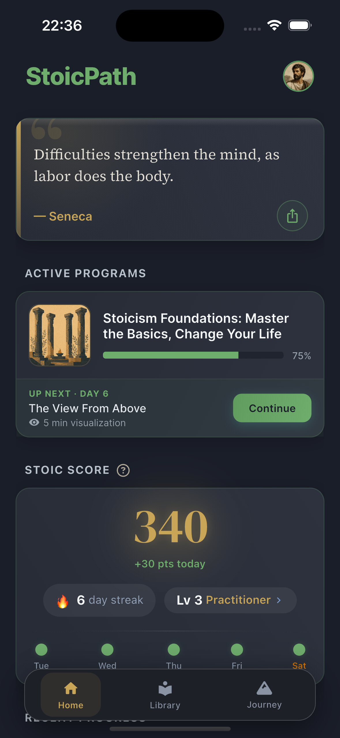 StoicPath home screen with the daily Stoic quote