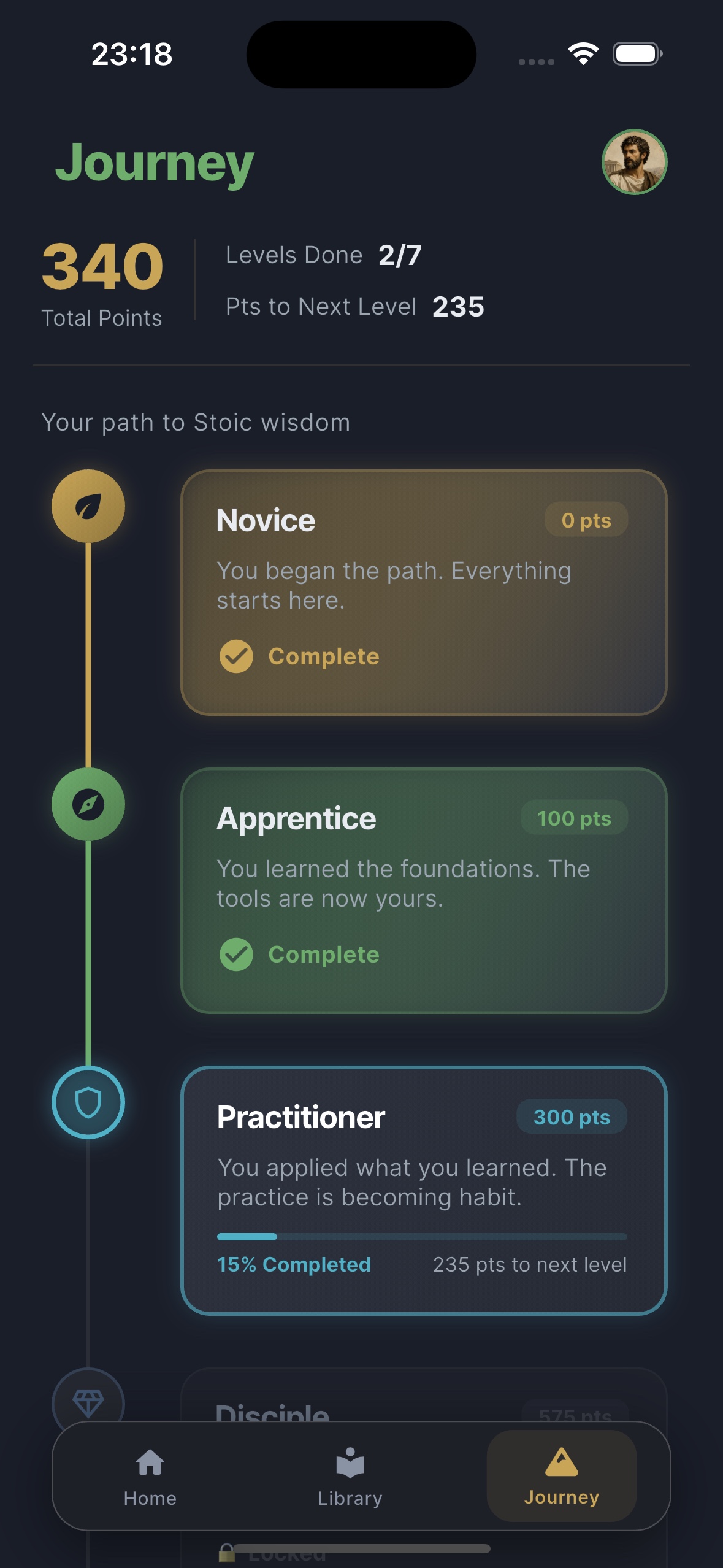 StoicPath journey screen showing levels